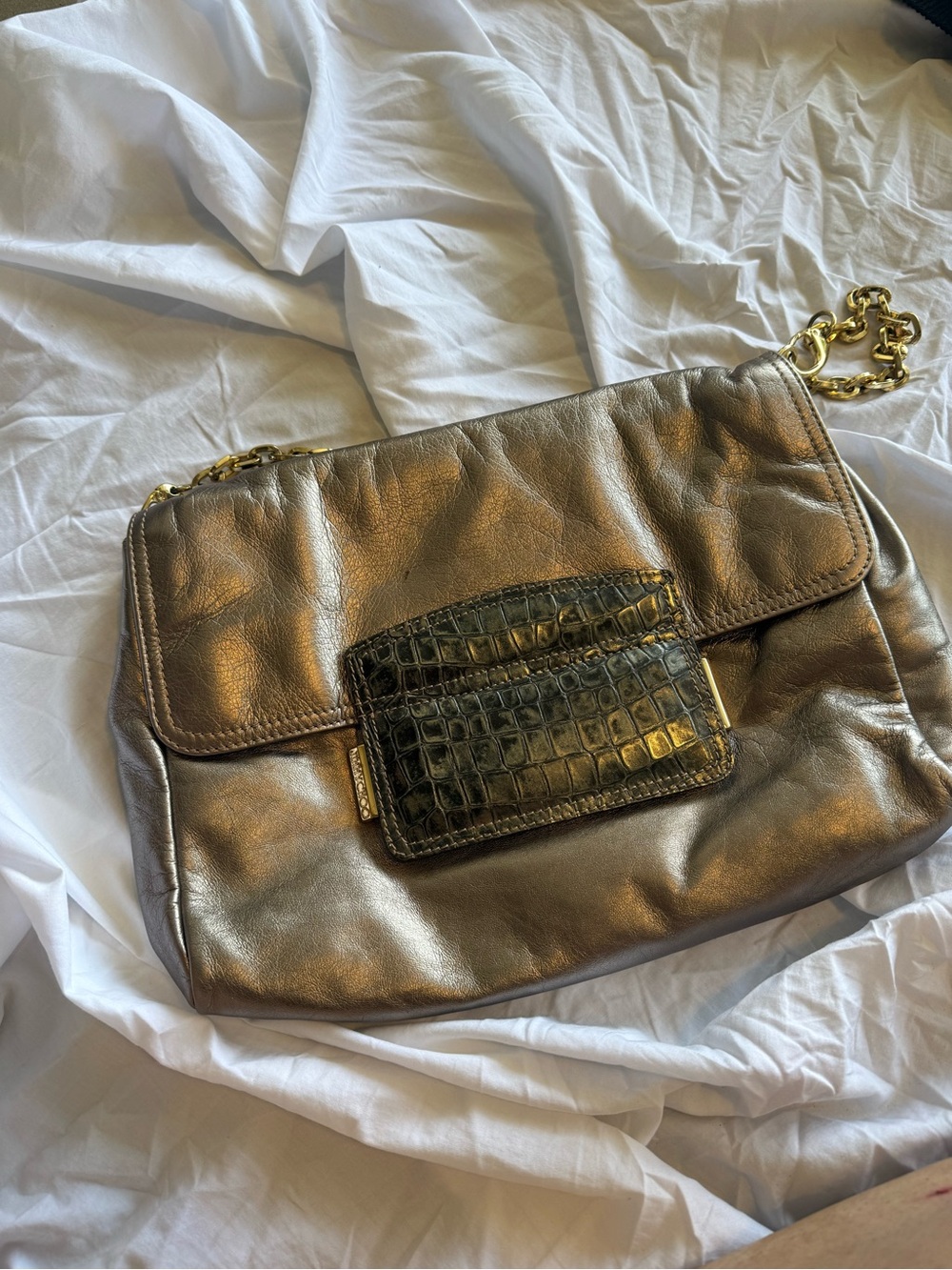 Jimmy Choo Metallic Bronze Shoulder Bag with Croc-Textured Accent